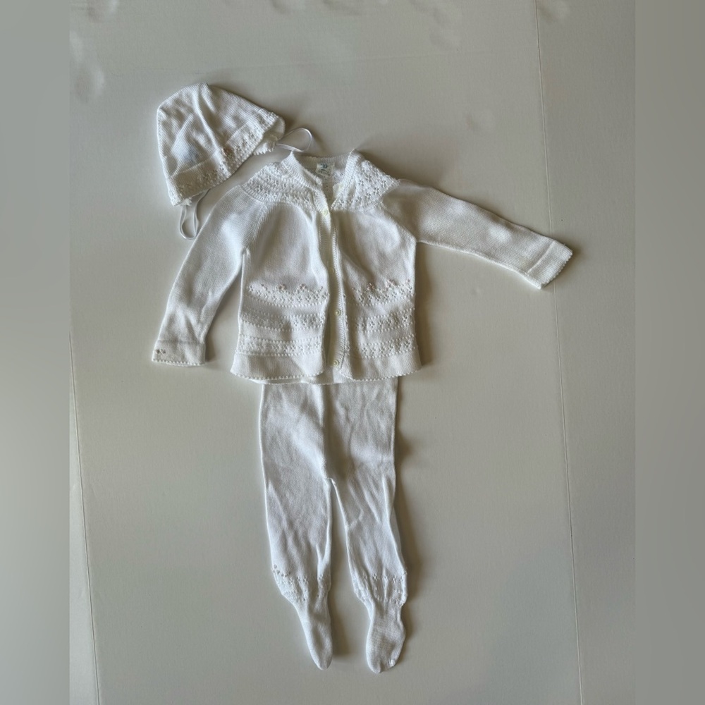 Classic White Knit Baby Matching Set (Hat, Cardigan & Pants)